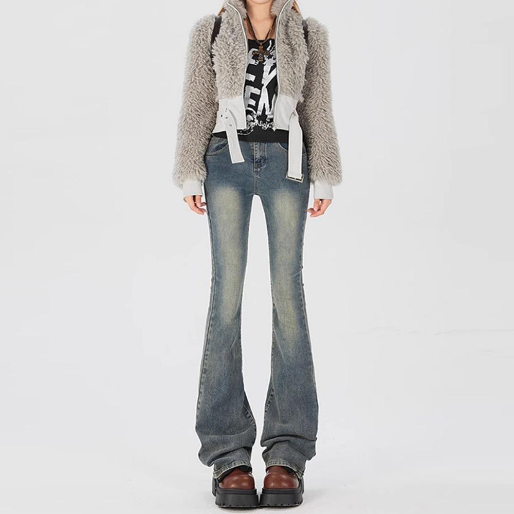 Personalized Versatile High-waisted Micro-pull Jeans Spring and Autumn New Double-buckle Thin Micro-flared Jeans