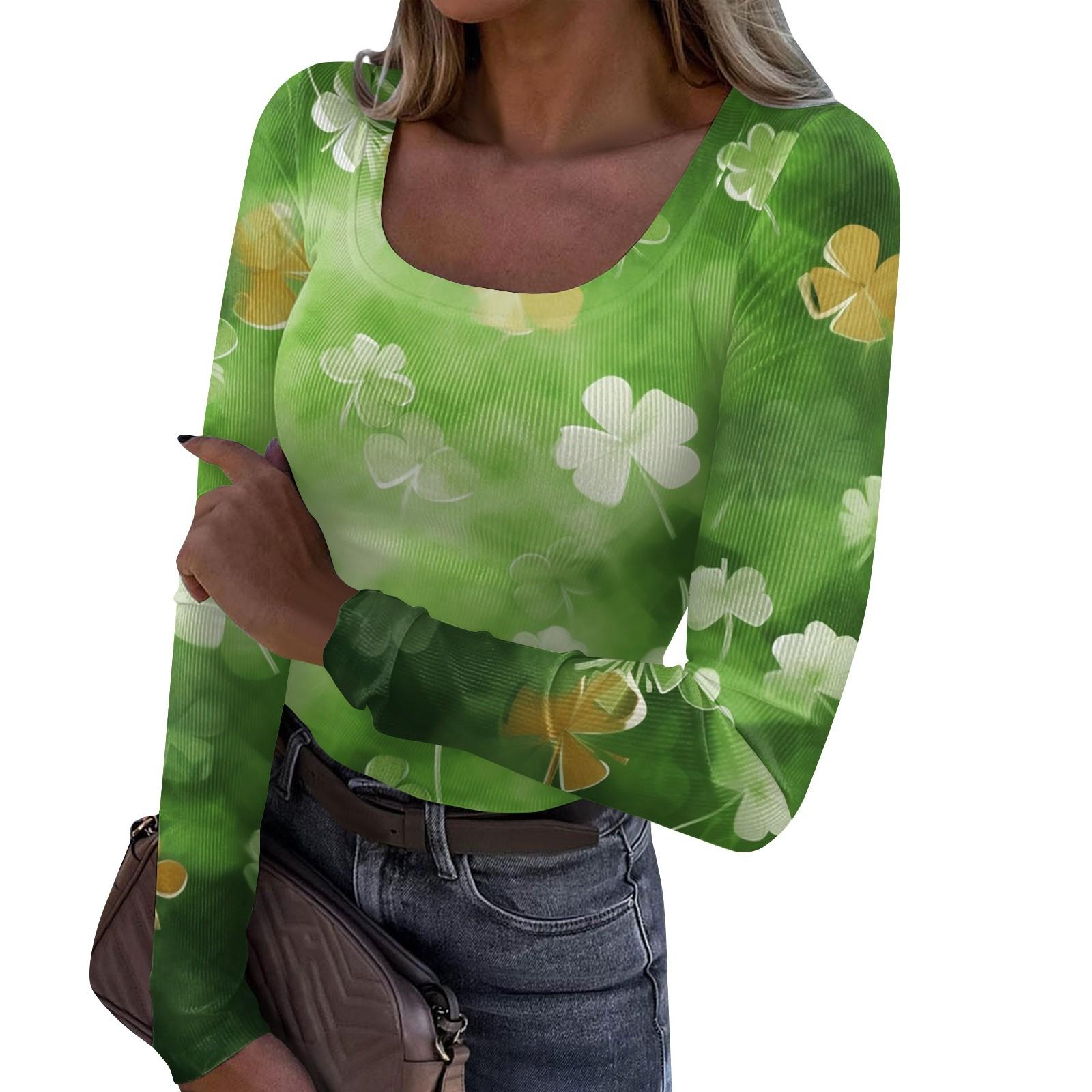 

Женская модная футболка с тонкой нижней частью, повседневный пуловер с длинным рукавом и принтом на день Святого Патрика, U-образный вырез L