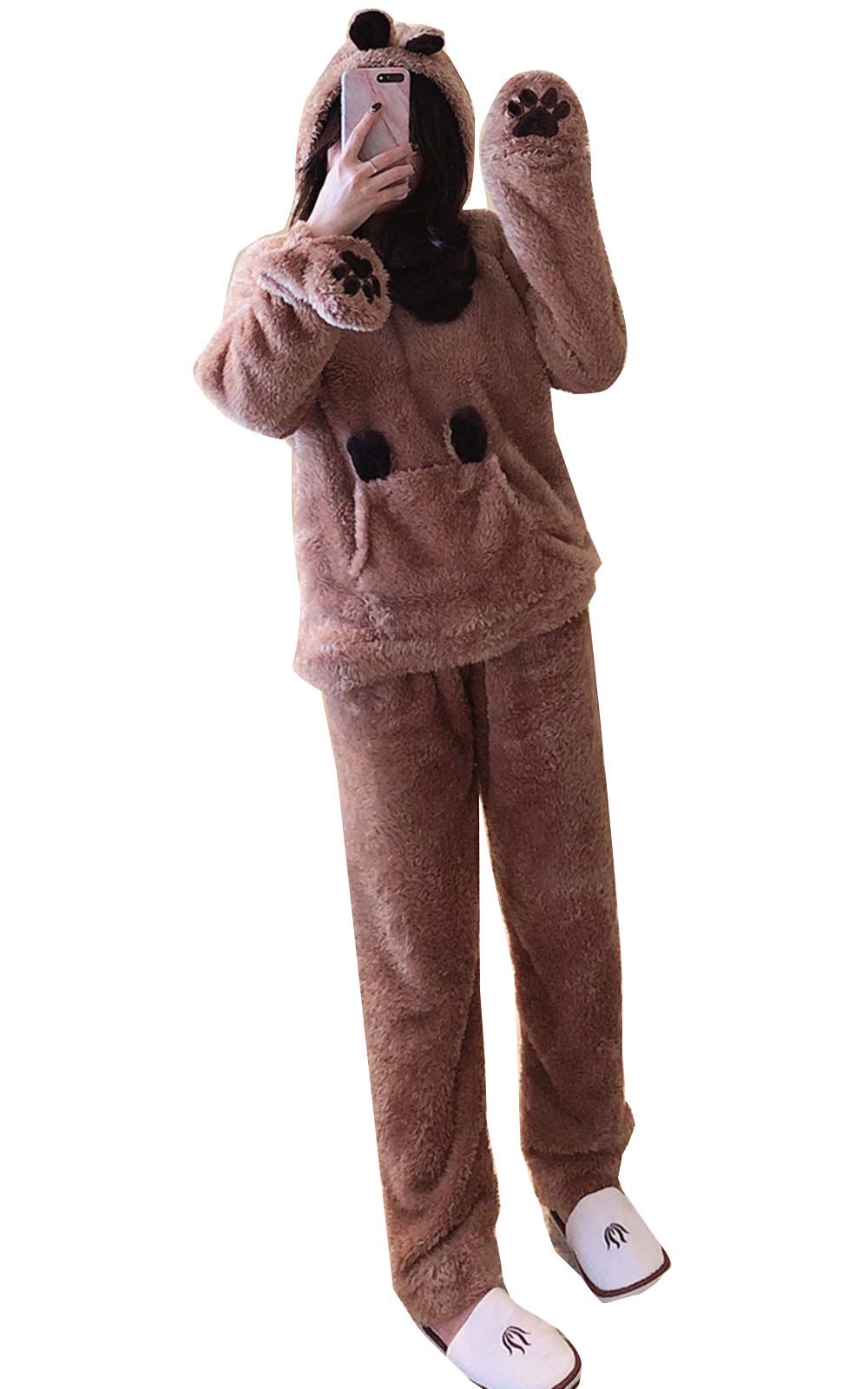 

SYitong Пушистая Зимняя Домашняя Одежда Длинный Однотонный Фланелевый Кигуруми Кигуруми для Взрослых и Дизайн с Медведем Размеры Женский Комплект, Рукава, Милый, Мягкий, Простой,