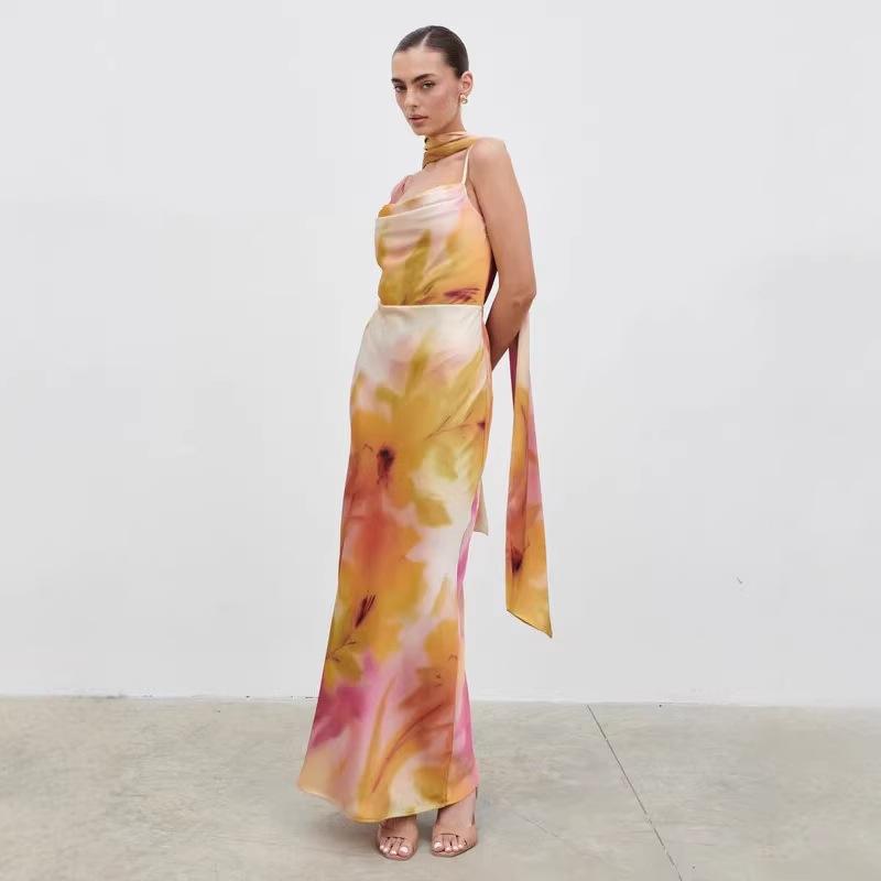 European and American new fashion women's clothing floral elegant printing suspender skirt satin sexy high-waisted dress