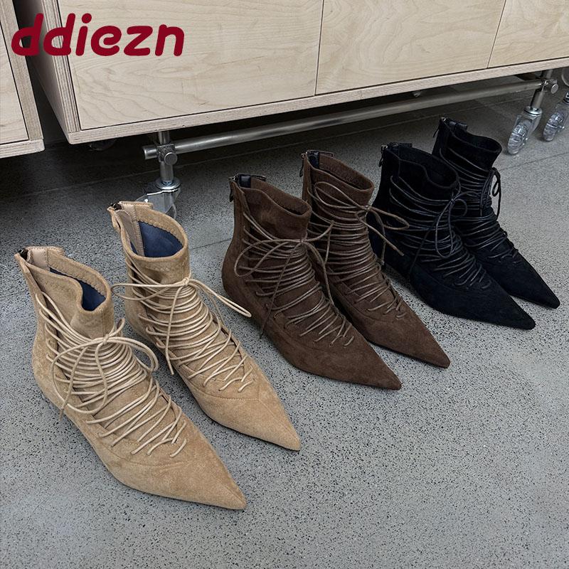 Fashion Fashion Pointed Toe Party Ladies Ankle Modern Boots Shoes With Low Heel Footwear Lace Up Women Short Boots Female Pumps