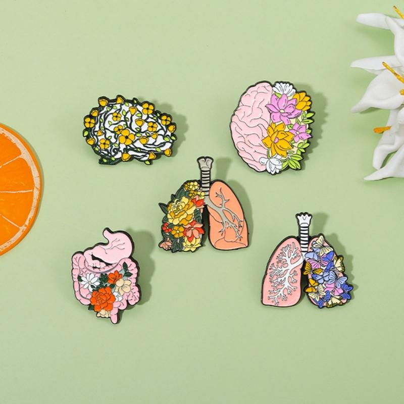 Floral Organ Enamel Pins Brain Lung Intestines Stomach Brooches Lapel Badges Cartoon Plant Jewelry Gift for Kids Friends