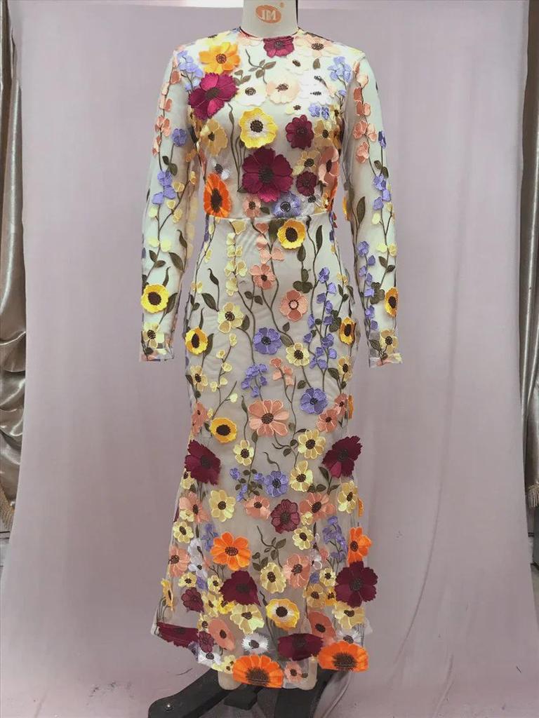 Colorful 3D Floral Embroidery Mesh Fishtail Dress - Spring/Summer