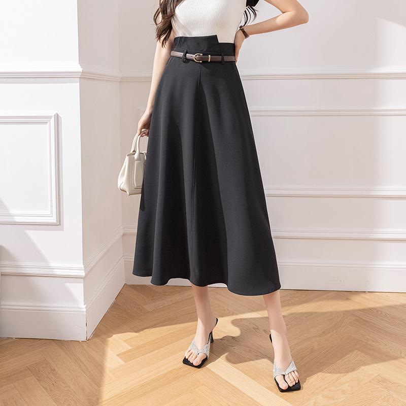 Elegant High Waist A Line Skirt Women Midi Flared Skirt Office Long Skirts Slim