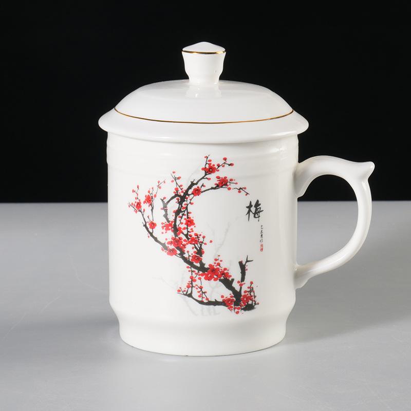 Meilan bamboo chrysanthemum ceramic teacup household large-capacity water cup with lid office meeting cup gift cup set lettering
