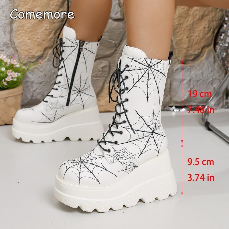 Gothic Plateausandaletten Stiefel Damen Herbst Winter Spinnennetz Design Größe 35-43 Klobiger Absatz Stiefeletten für Damen Leder Schwarz
