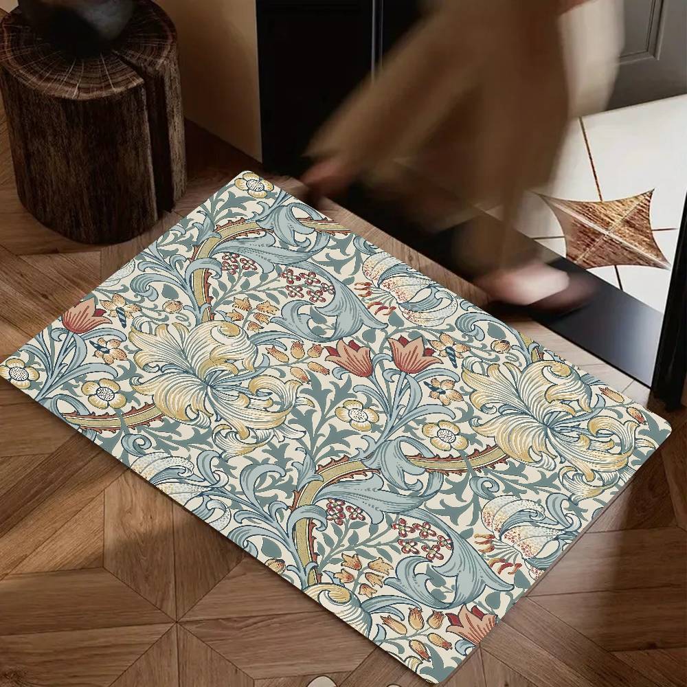 W-William Morris Strawberry Thief Floor Mat Suitable For Living Room Kitchen Bathroom Non-slip Mat Household Foot Mat