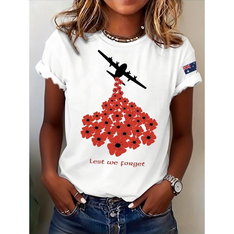 Womens Anzac Day Lest We Forget Print TShirts Summer Casual Round Neck T Shirt Short Sleeve Tops