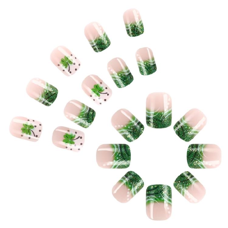24 Pcs Glossy Stick on Nail Saint Patricks Day False Nail French Tip Press On Nail Shamrocks Artificial Nail