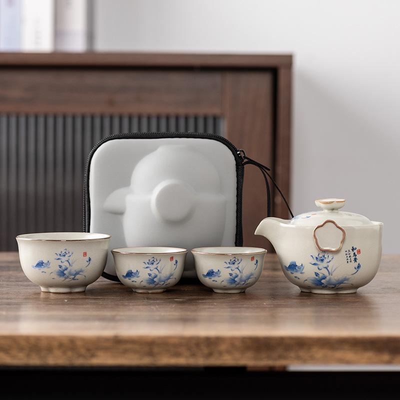 Ru kiln high-end open-piece travel tea set, one pot, three cups, outdoor portable light luxury company business commemorative gift