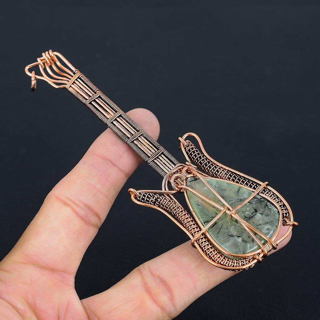 Natural Moss Prehnite Stone Handmade Copper Wire Wrap Guitar Pendant 4.53 Y3g54