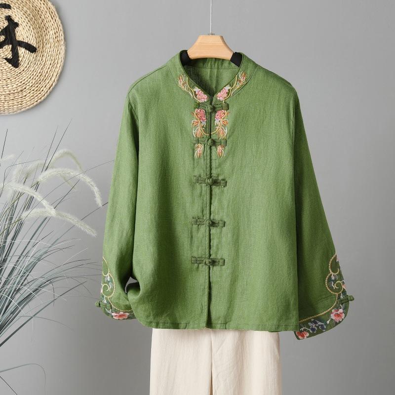 Spring and Autumn Retro Ethnic Style Cotton and Linen Heavy Industry Embroidery Single-row Disc Buckle Solid Color Small Shirt Top Women