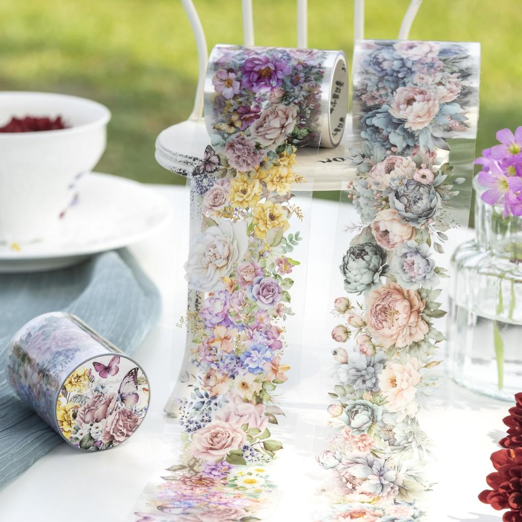 Alideco Masking Cute Floral Plant 50mm Wide X 2m PET Adhesive Wide Stylish Masking Sticker 6-Pack Tape, Design, Landscaping, Clear, Water-Resistant,