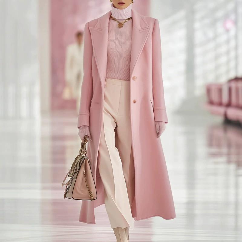 Trench da Donna in Misto Lana Manica Lunga Monopetto Lunghezza Media Cintura da Legare Capospalla Casual Stile Coreano