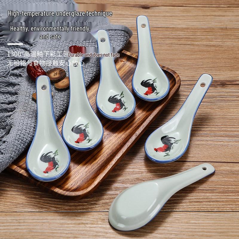 Small White Ceramic Soup Spoon - Rooster Design, Three-Bend, Thickened for Commercial Use