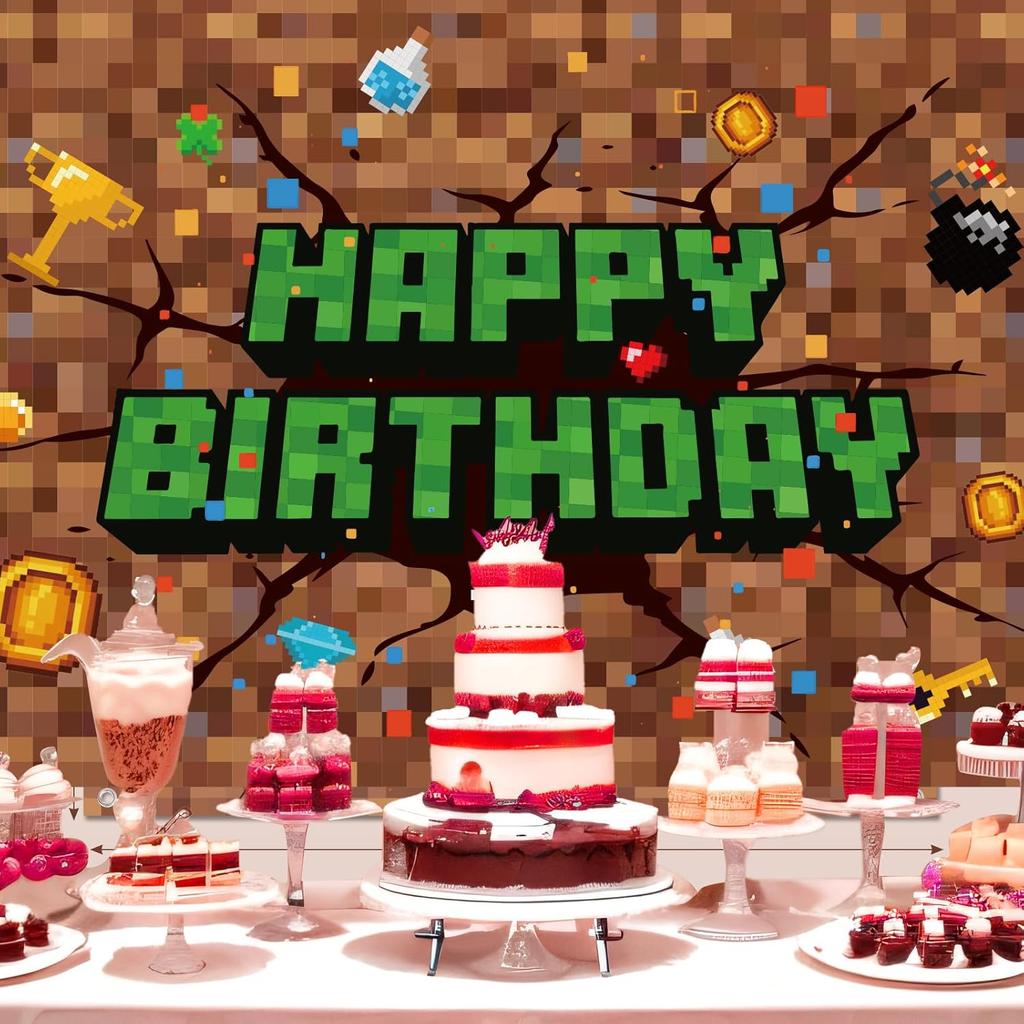 Pixel Birthday Decorations, 5x3 ft Happy Birthday Banner Backdrop for Miner TNT & Pixel Themed Celebration Kids Boys Game Party Supplies