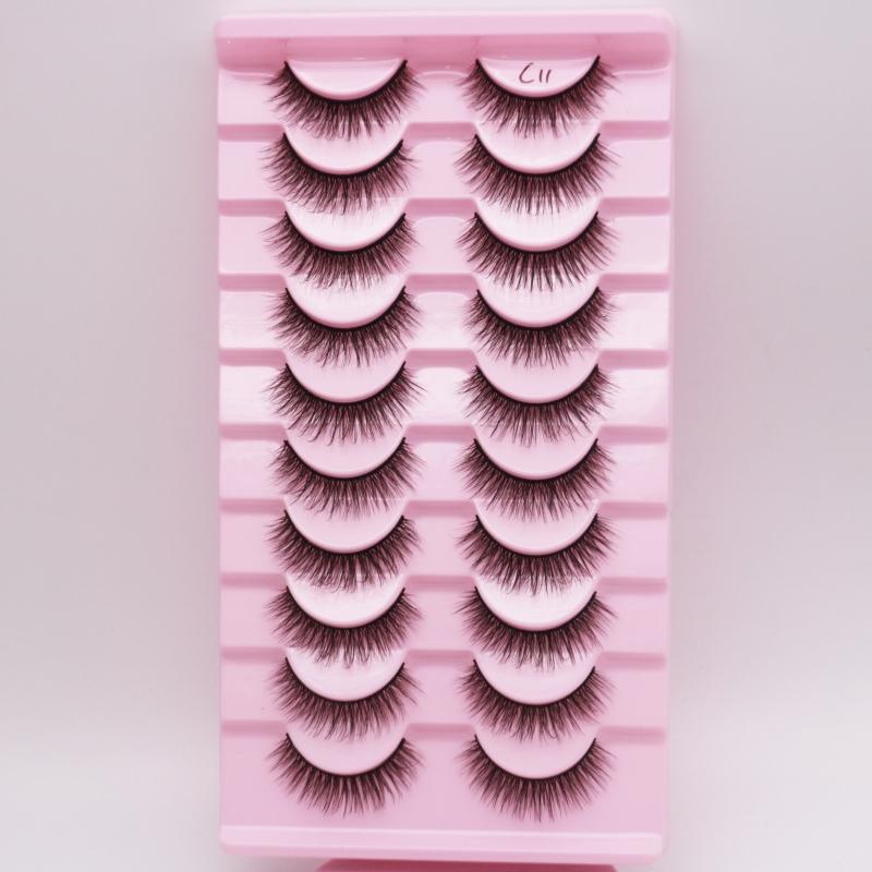 Low Price Glitter Lashes Natural Fluffy Half Lashes Faux Mink Korean Pbt Fiber 10 Pairs 12mm Mink Eyelashes