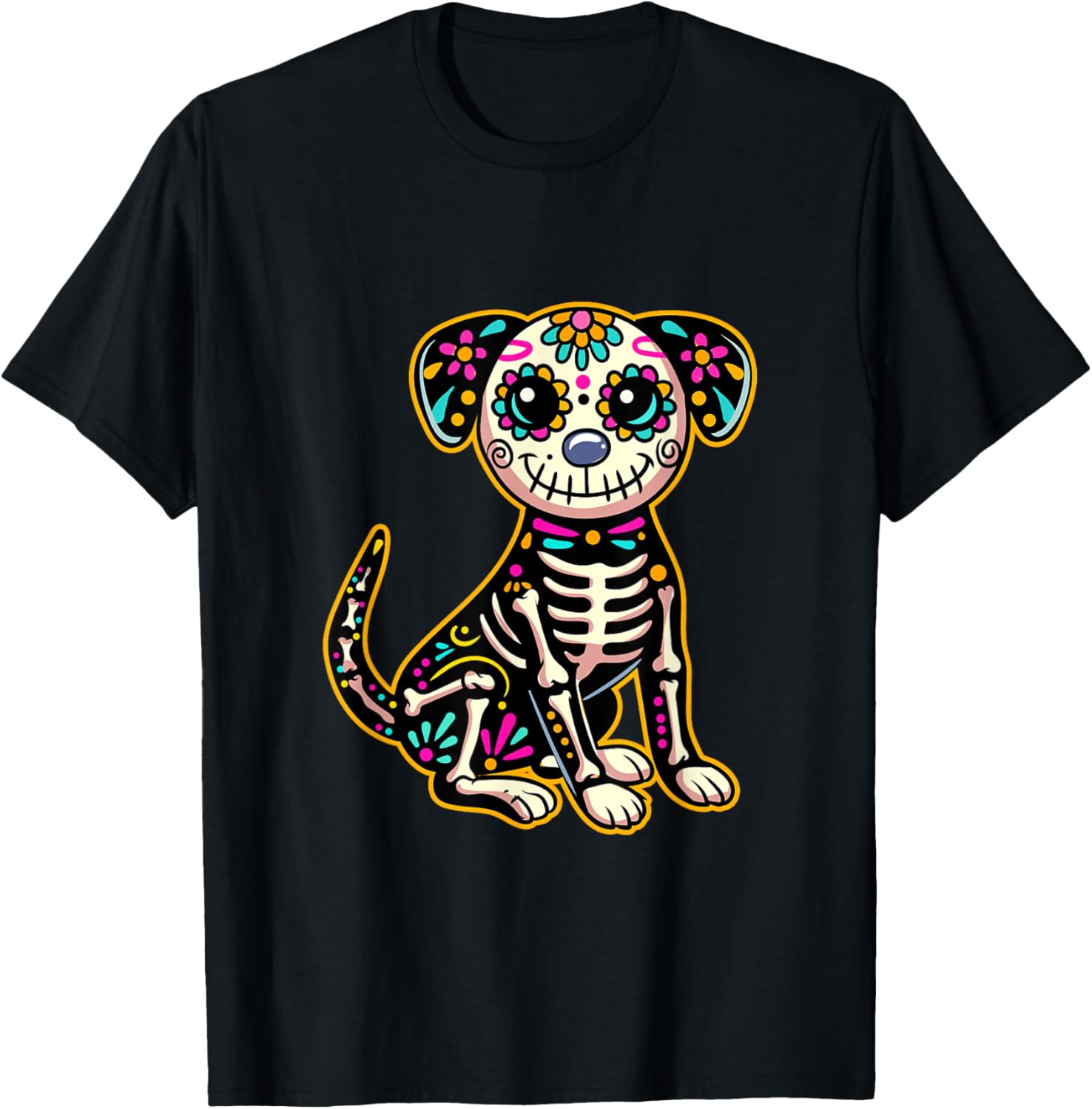 Dia de Los Muertos Skeleton Sugar Skull Dog Day of The Dead T-Shirt XL
