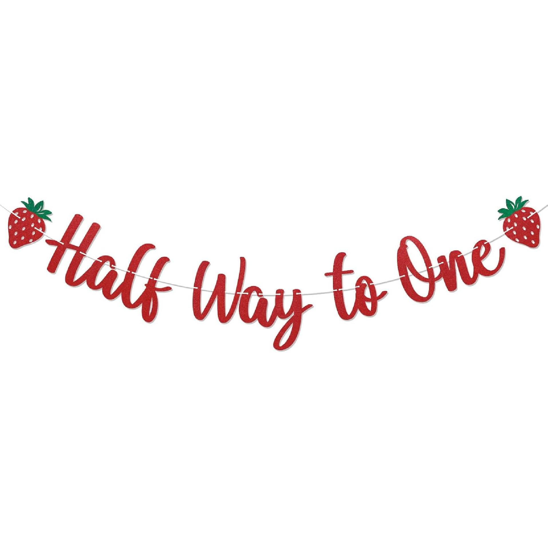 Strawberry Half Way to One Banner - Berry Sweet 6 Months Birthday Decor, Strawberry Themed Baby Shower Party Decorations Red Glitter