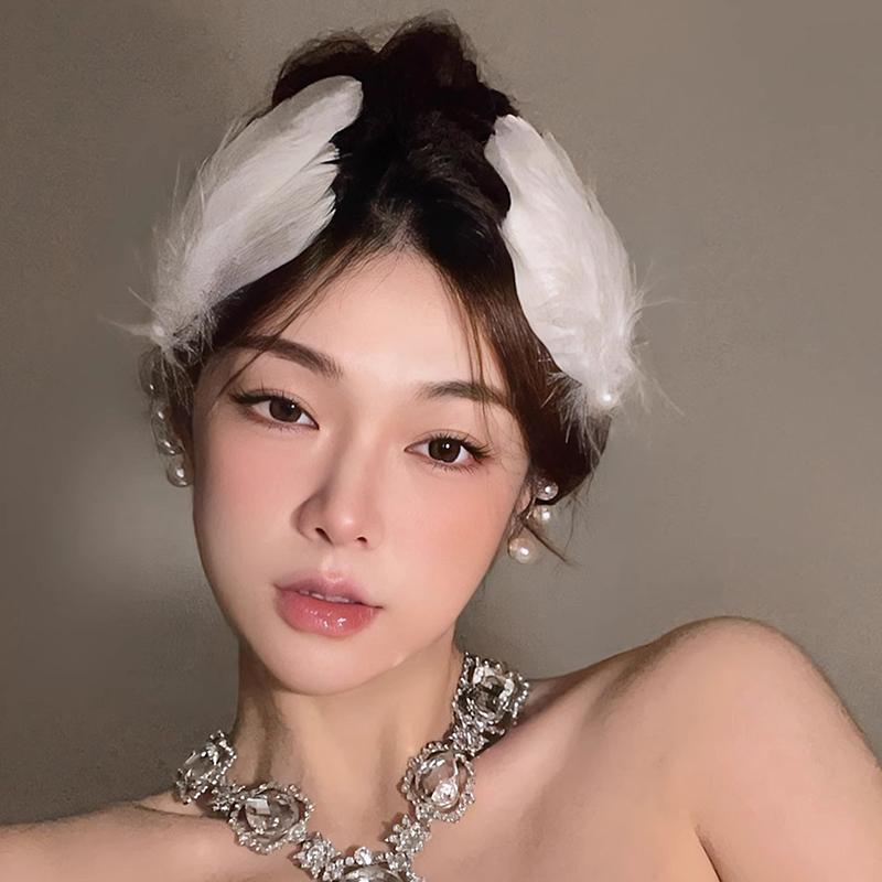 White Swan Feather Faux Pearl Hairpin Headwear Ballet Style Stage Performance Side Clip Girl Party Hair Accessories Gifts