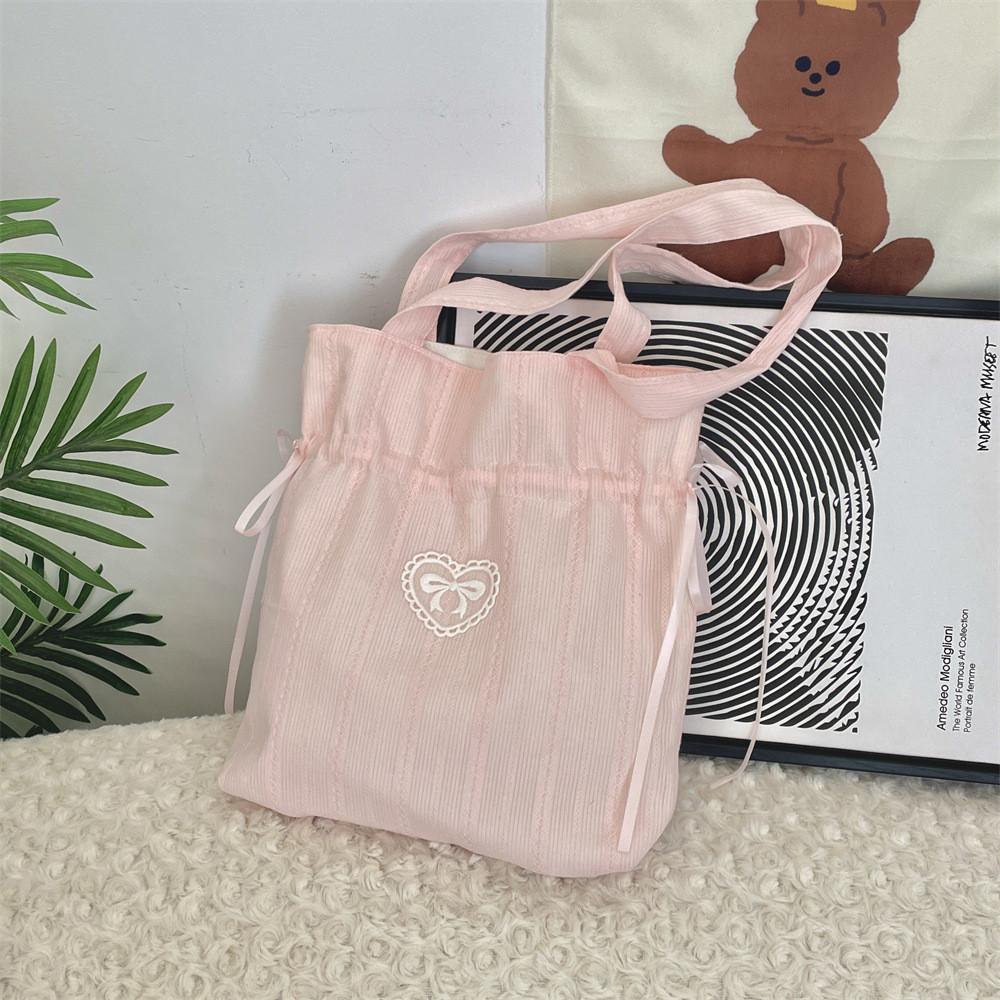 Girl Heart Bowknot Shoulder Bag With Drawstring Cotton Tote For Daily Use