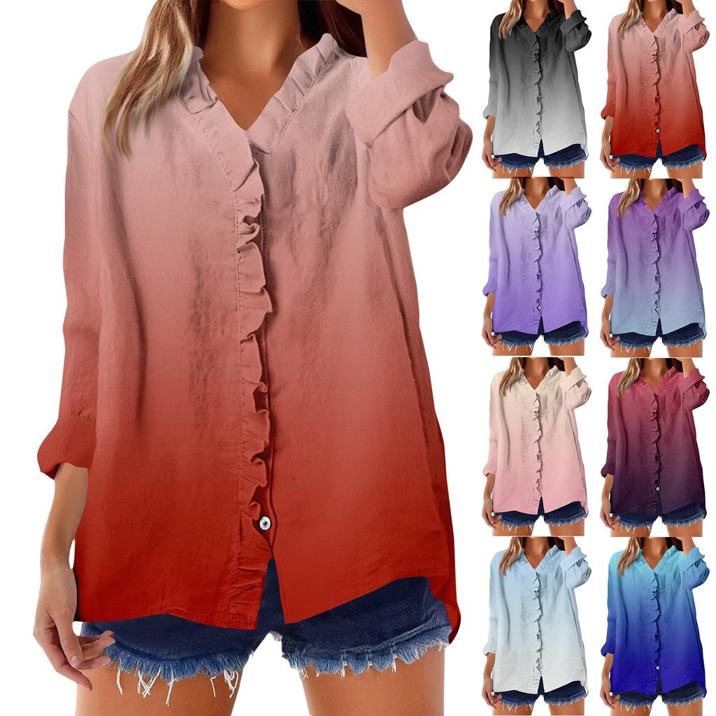 Dame Løs Volangert Blomstert Trykk Ståkrage Langermet Bomull og Lin Topp