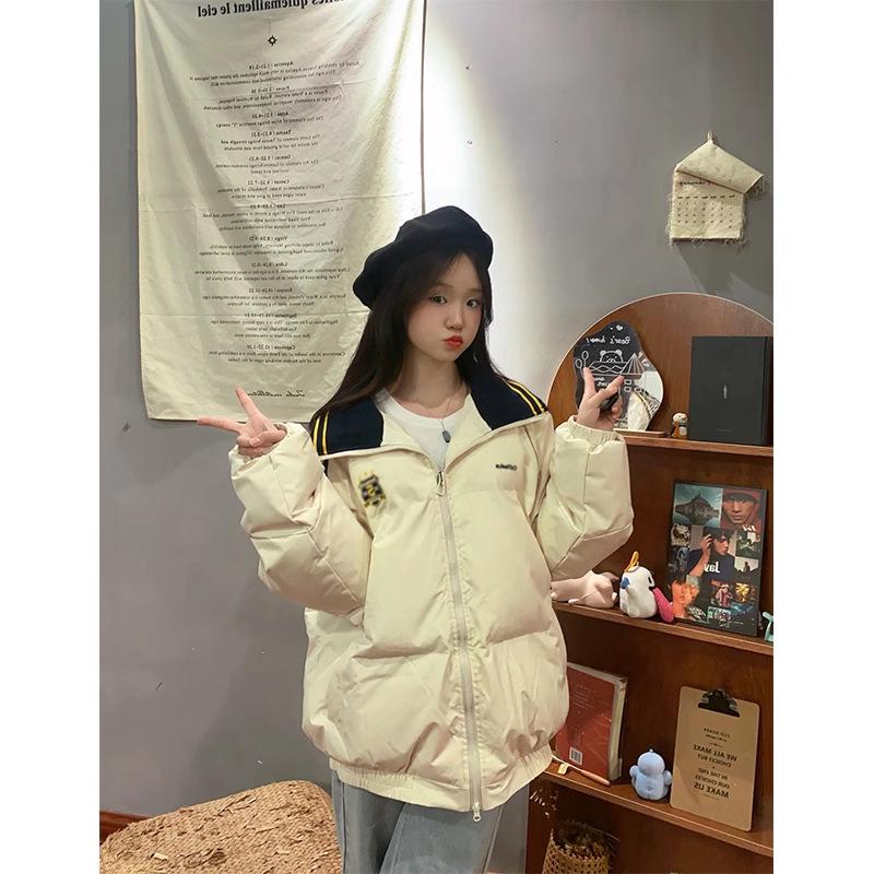 Retro Women's Color Block Stand-up Collar Warm Cotton Jacket - Autumn/Winter Loose Fit Trend