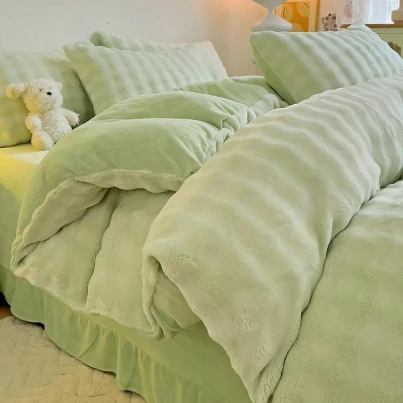 

2025 new solid color tie-dye bubble rabbit fleece four-piece milk fleece quilt cover winter thickened coral fleece bedding 1.5m sheet 4pcs