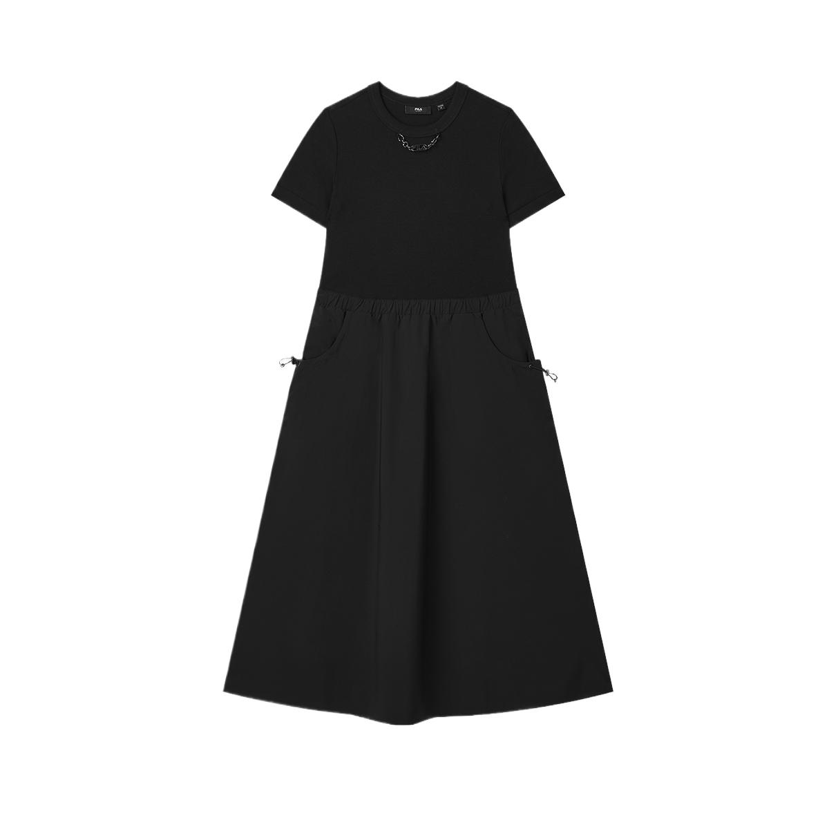 FILA Milano Series Simple Classic Versatile Skin-Friendly Short Sleeve Dress Women dresses Black F11W525302F-BK S