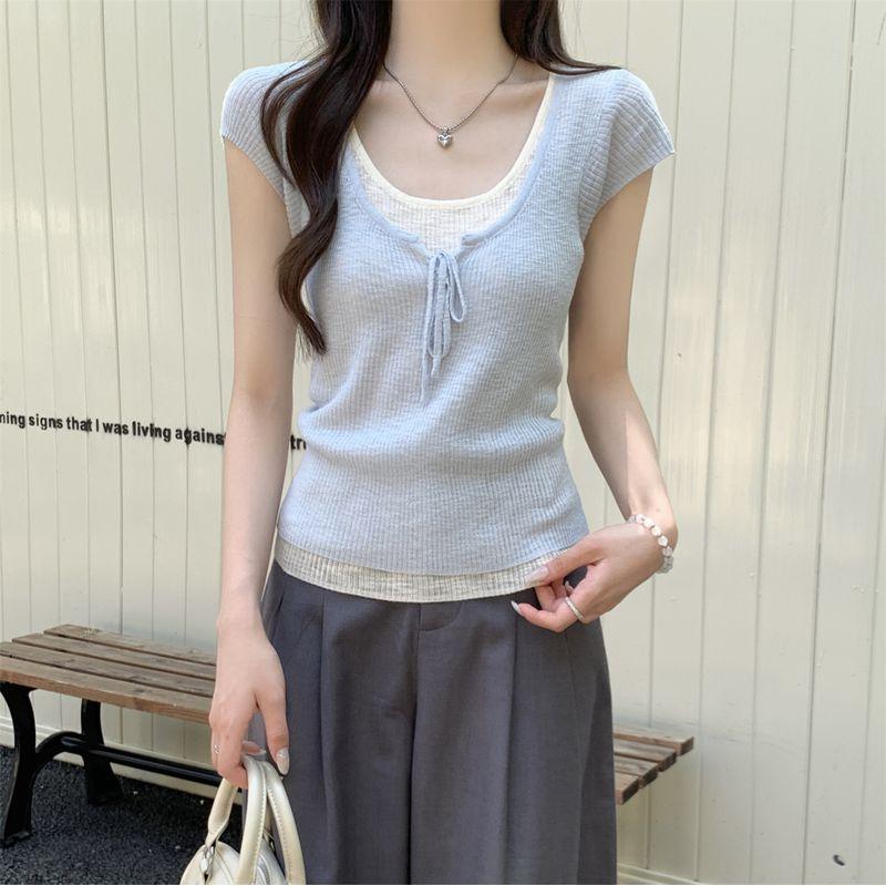 Kumikumi Sweet Style Contrast Color Patchwork Short sleeve knit Women Summer Age-Reducing Chic Lace-up Fake Two Pieces Top