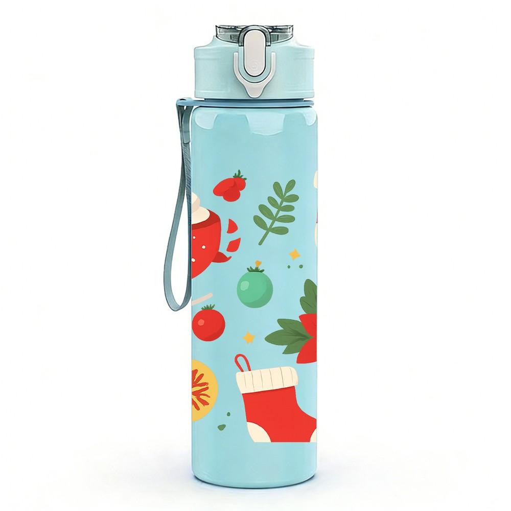 1PC Christmas Poinsettia Flower 750ml Color Plastic Sports Water Bottle Leakproof Flip Straw Lid Suitable for Sports Office Home Use