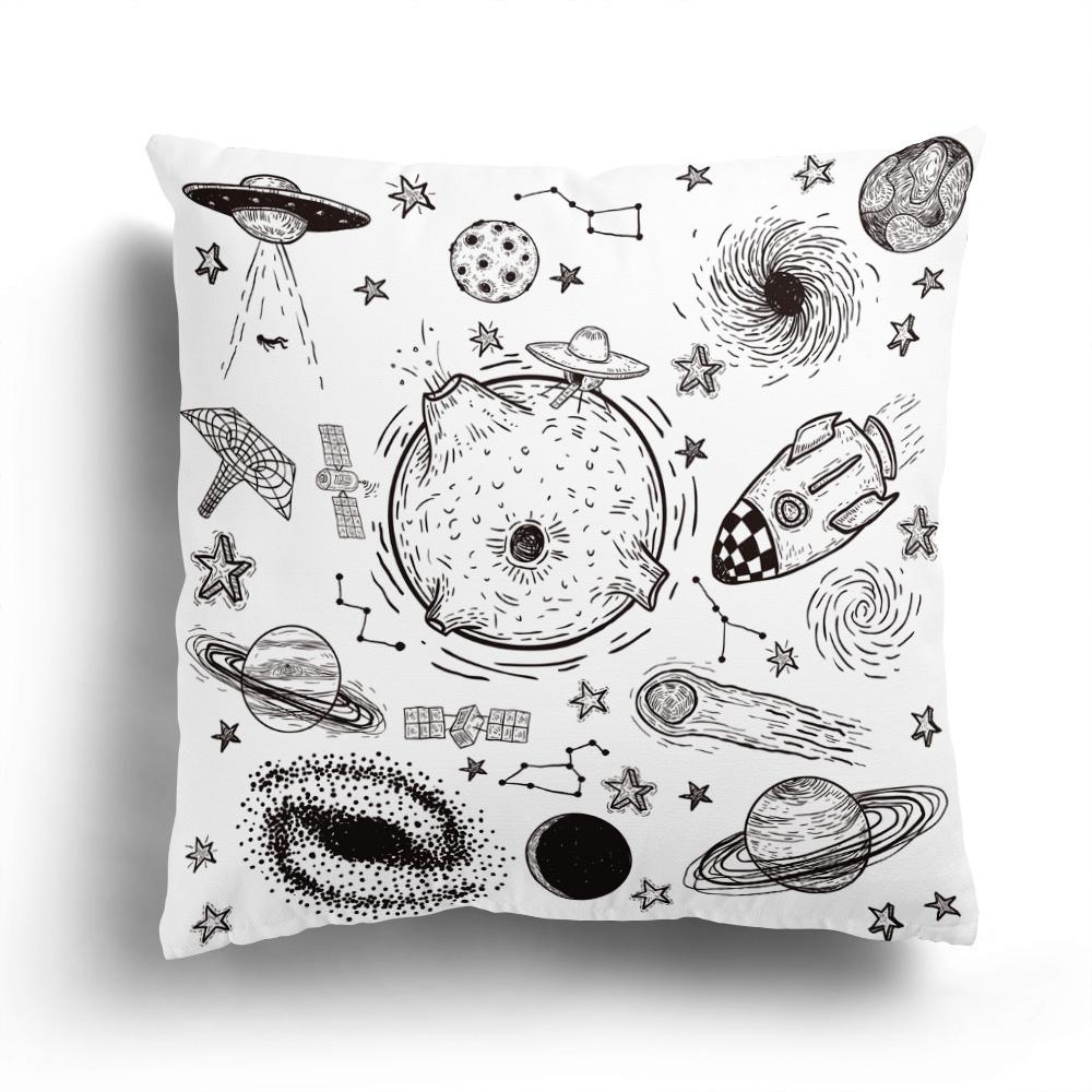 Home Sofa Cushion Cover Cartoon Pattern Pillowcase Fashion Black And White Star Astronaut Plush
