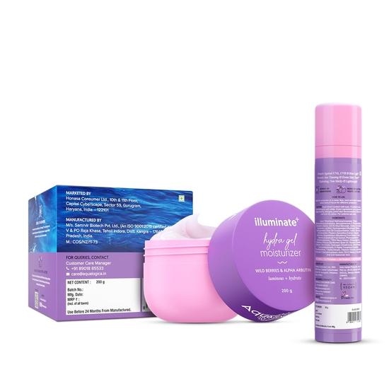 Aqualogica ILLUMINATE+ ZESTAW PROTECT & HYDRATE| Illuminate+ Dewy krem z filtrem przeciwsłonecznym SPF 50+ PA++++ (50g) + Rozświetlający+ Nawilżający żel Hydra (200g)