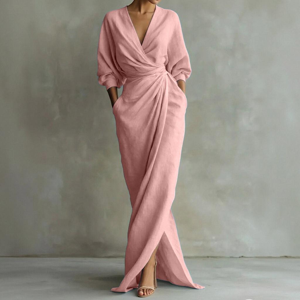 Women's Casual FashionColor V-neck Long Sleeve Slit Waist Pocket Dress