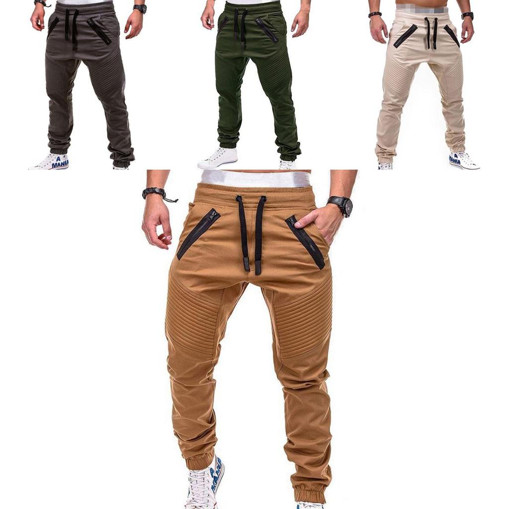 Men's Slim Fit Cuffed Trousers With Adjustable Waist And Multiple Pockets