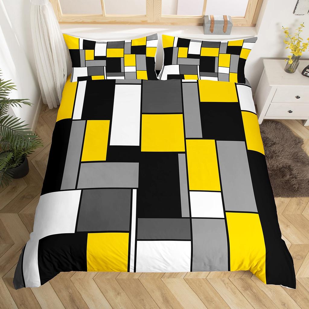 Homewish Cyan Square Geometry Duvet Cover Set,Vintage Artwork Abstract Bedding Set,Chic Rectangle Bed Set