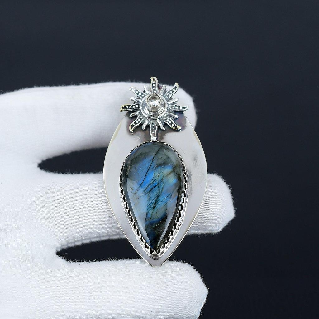 Blauer auffälliger Labradorit, Weißer Topas Edelstein Anhänger, Labradorit Natürlicher Edelstein Handarbeit 925 Sterling Silber Anhänger für Frauen Anhänger für Geschenke