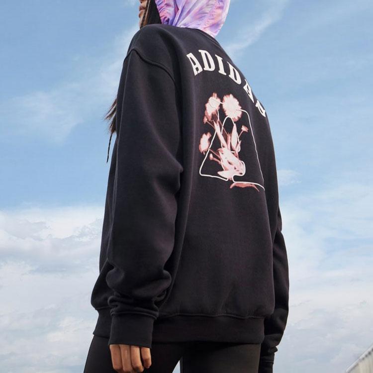 Adidas Bloom Crew Sweatshirt With Floral Logo Print Unisex Tops Black IC7744