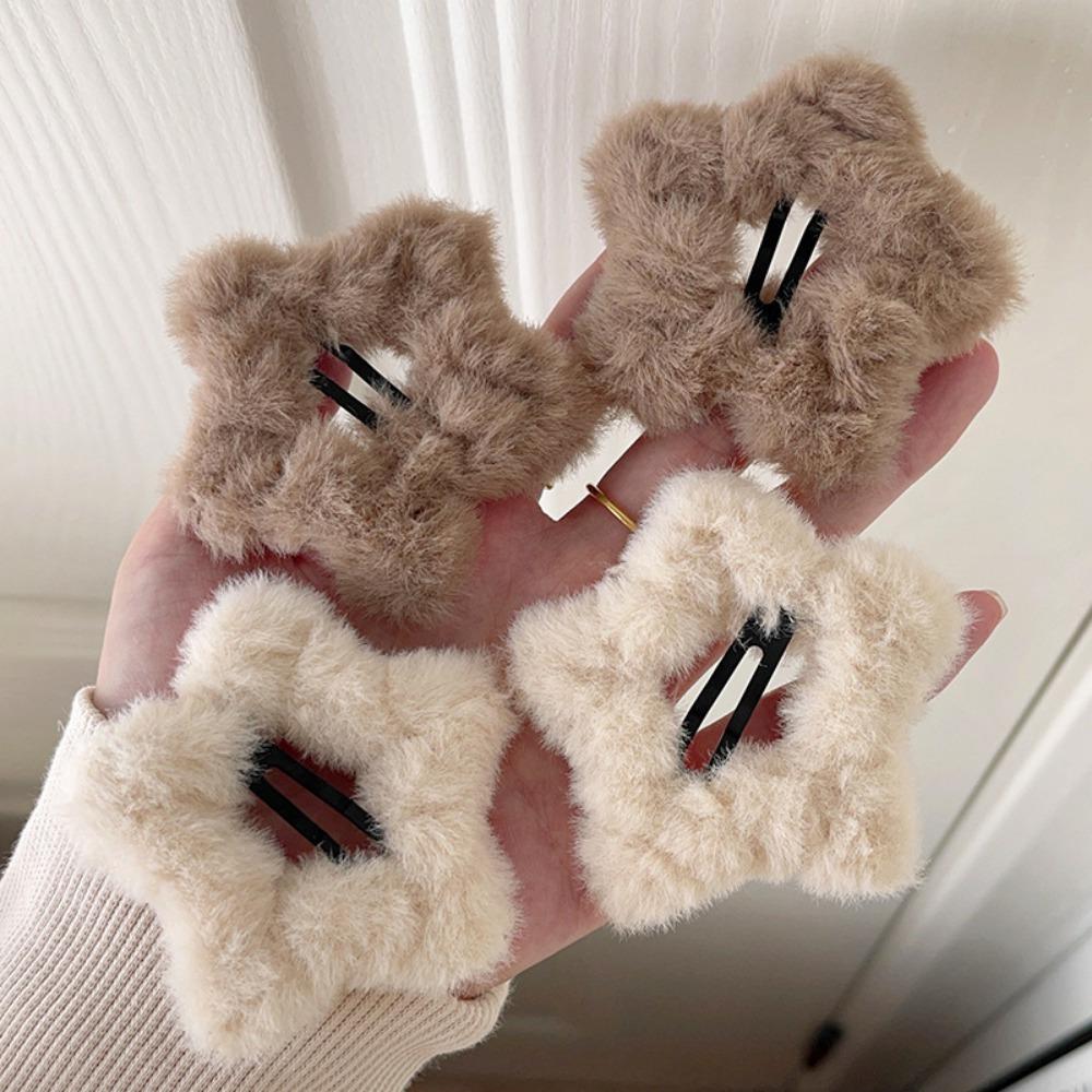 4/2pcs Autumn and Winter Creamy Curry Plush Star Hair Clips,Cute Hair Clips,Suitable for Women's Autumn and Winter Wearing
