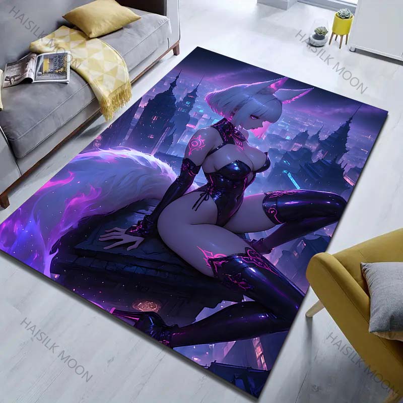 1PC Night City Fox Girl Pattern Rug Carpets for Bedroom Living Room Sofa Mat Creative Door Mat Cloakroom Home Decor