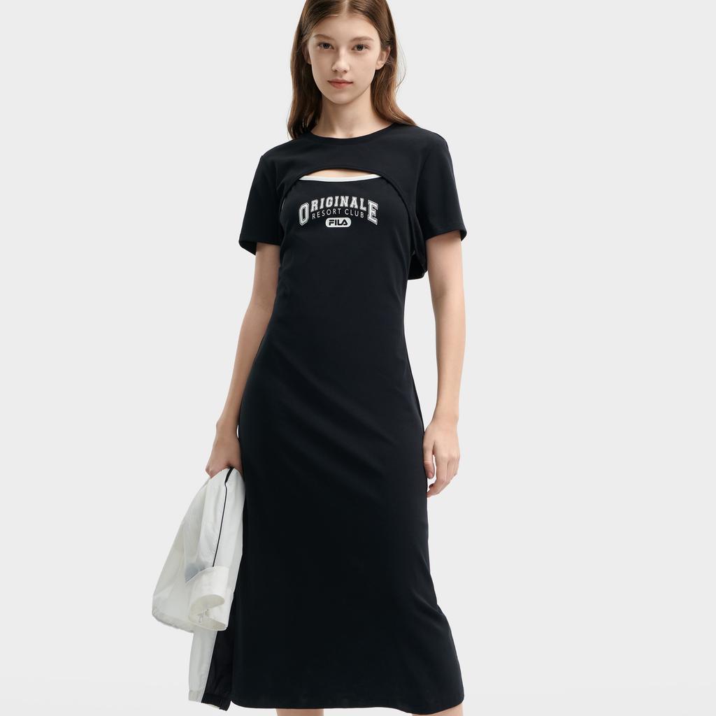 Fila Original Series Fashion Casual Sports Daily Breathable Round Neck Short Sleeve Dress Women Dresses Black F11W429304F-BK