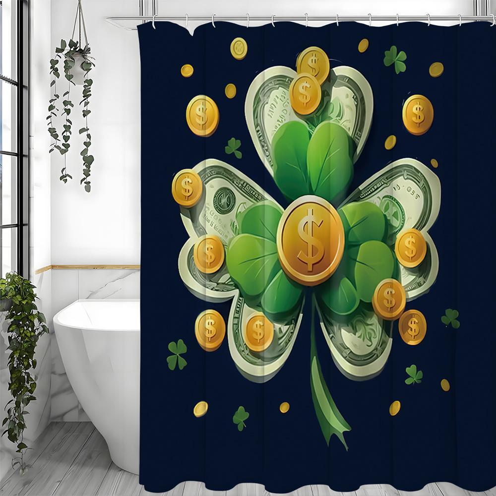 St. Patrick's Day Shamrock Coin and Golden Dollar Bill Design Shower Curtain, Bathroom Decorative Shower Curtain, Waterproof Sho