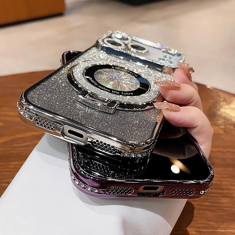 Plating For Magsafe Magnetic Stand Holder Rhinestones Case For iPhone 17 Pro Max 16 11 12 13 14 15 Plus Diamond Bumper Cover
