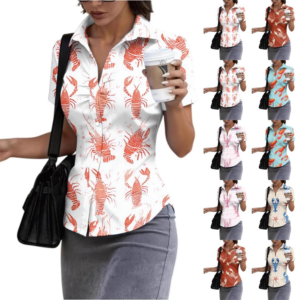Damen Slim Fit Poloshirt Kurzarm Hummerprint Lässig Knopfleiste Kragen Oberteil Sommer Leichte Bluse