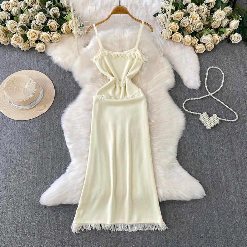 French-Style Solid Knitted Fringe Halter Dress for Women 2026 New Arrival Summer Collection Elegant and Gentle Pink Resort-Style Maxi Dress