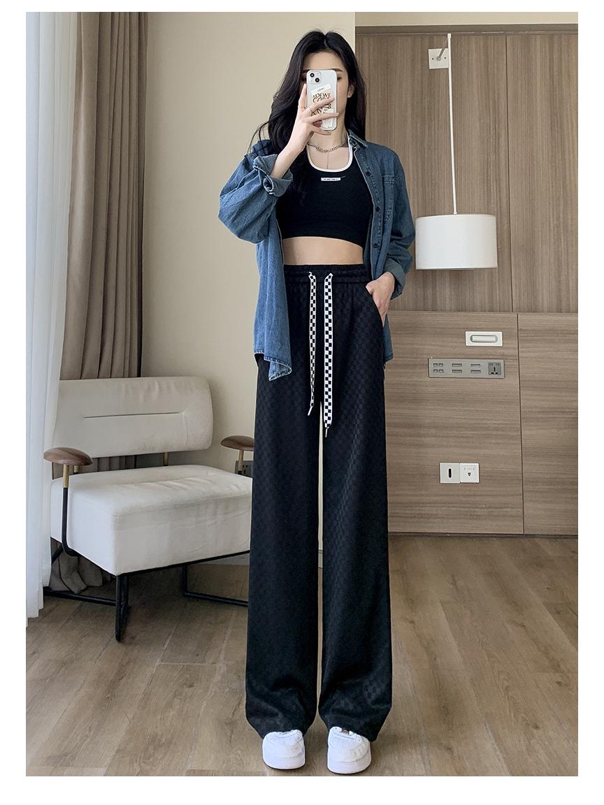 

Клетчатые брюки с широкими штанинами и эластичной талией из ледяного шелка для женщин - Летние повседневные свободного кроя Medium чёрный