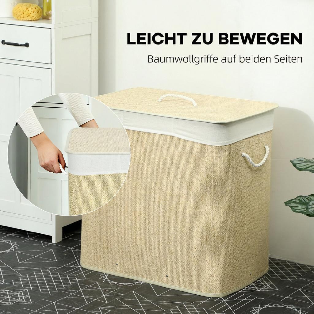 3 Section Laundry Basket with Lid, 144L Bamboo Laundry Hamper with Handles, Removable and Washable Liner, Cream White