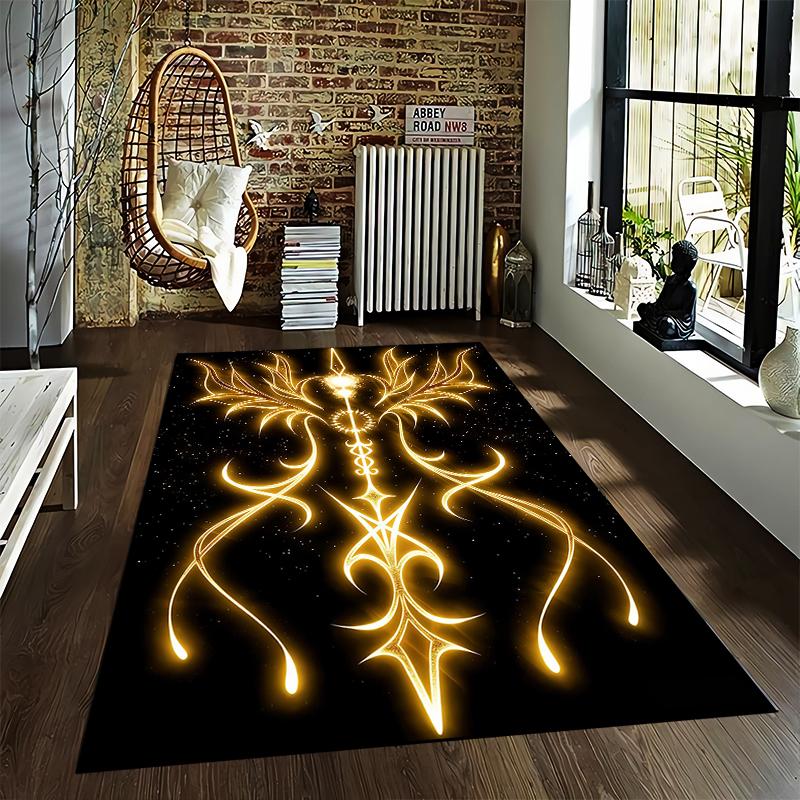 Glowing Golden Abstract Sword Design Area Rug with Starry Background Suitable for use as an anti-slip for living room bedroom sofas
