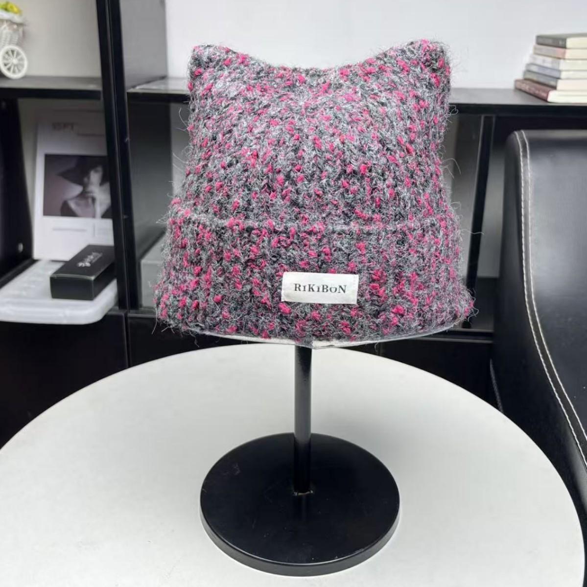 

Cute cat ears wool hat women s autumn and winter sweet knitted hat thickened cold-proof warm cover cold hat elastic (54-58cm) фиолетовый