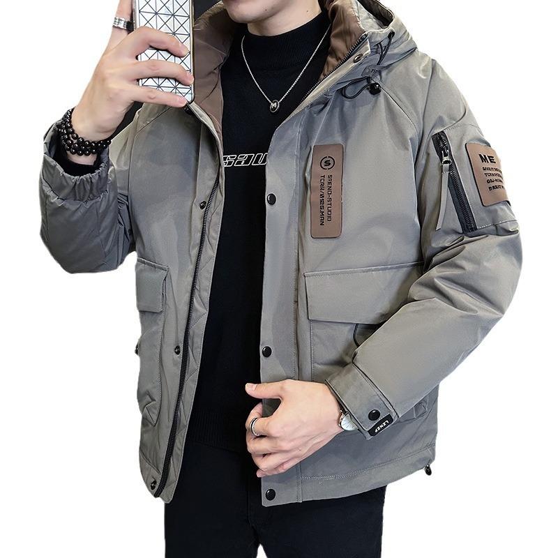 Winter new down jacket men's short hooded jacket short hooded tooling trendy brand white duck down thermal top men